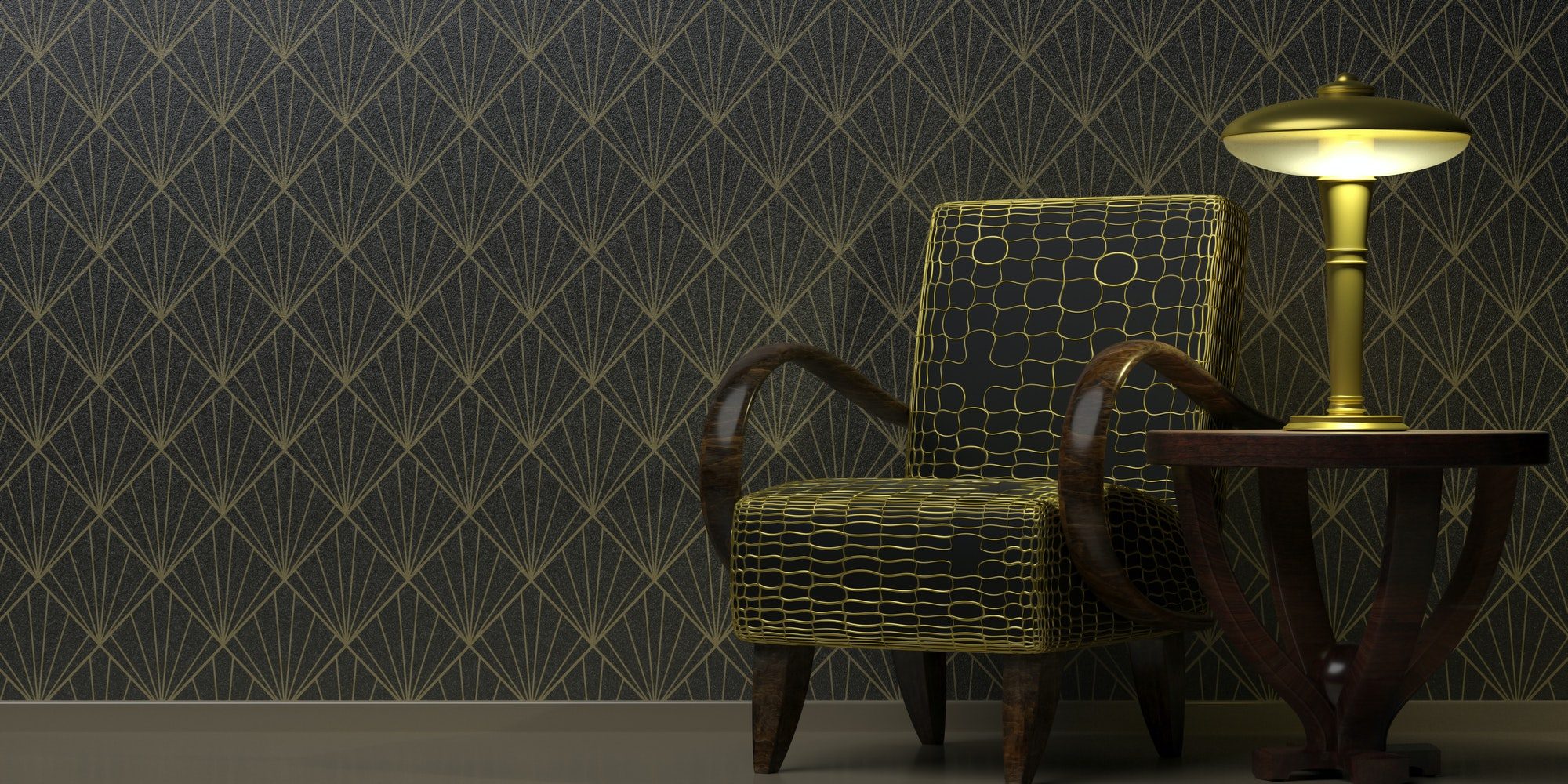 Art Deco style decoration, home interior. Classic vintage furniture on wallpaper background black